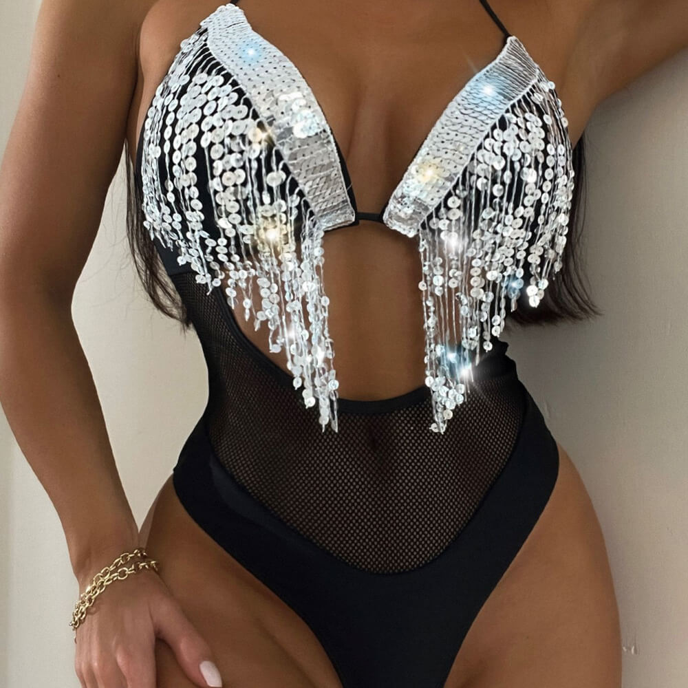 Sparkly Fringe High Cut Mesh Cutout Thong Brazilian One Piece Swimsuit