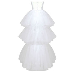 Sparkly Leaf Crystal Trim Strapless Puffy Layered Ruffle High Low Tulle Dress