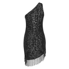 Sparkly One Shoulder Contrast Rhinestone Sequined Fringe Trim Mini Party Dress