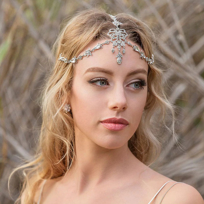 Sparkly Plated Crystal Embellished Bridal Head Chain - Silver