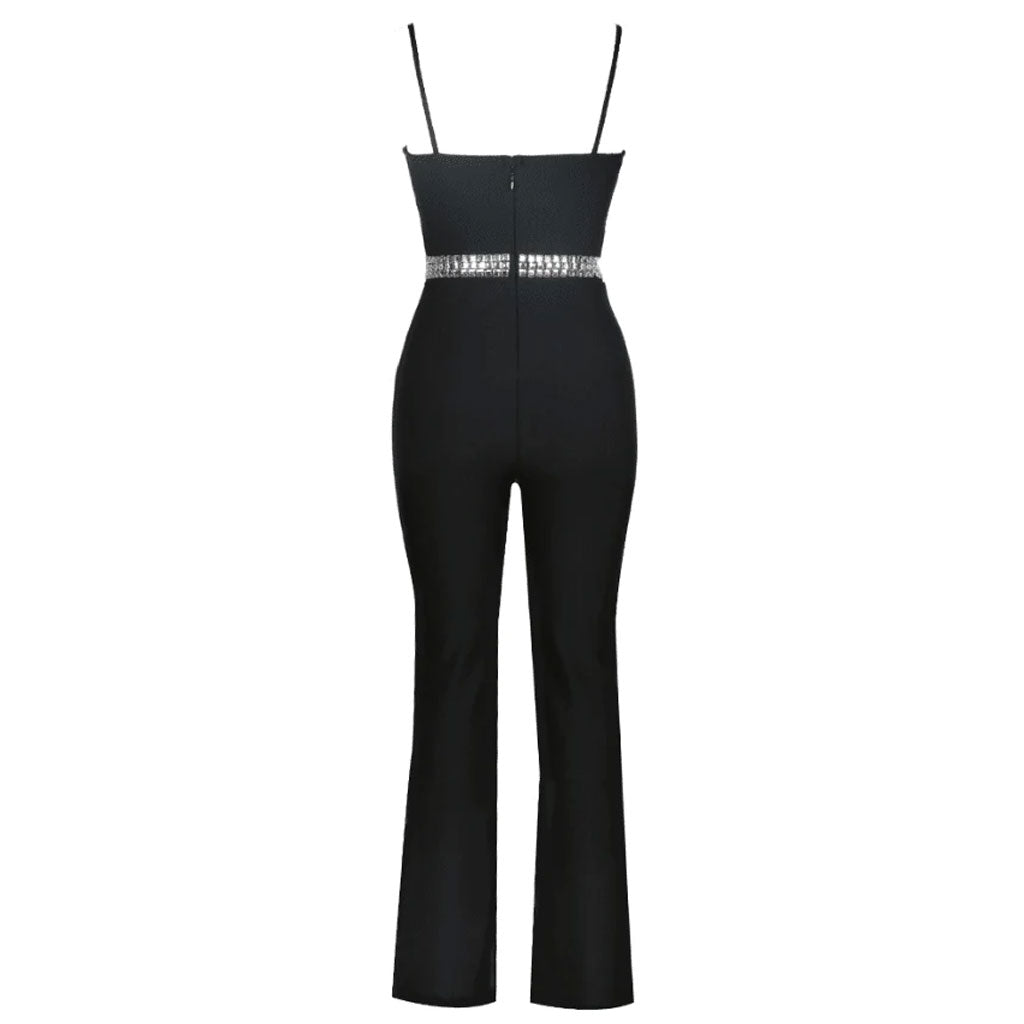 Ärmelloser Bandage-Jumpsuit mit glitzerndem Strassdetail und weitem Bein aus transparentem Netzstoff