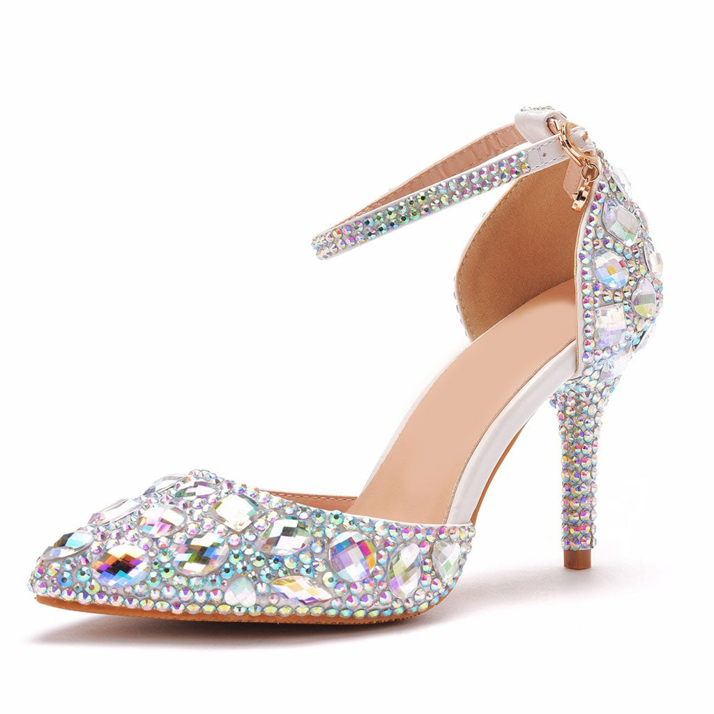 Zapatos de tacón de aguja con tira al tobillo y adornos de diamantes de imitación brillantes - Multicolor