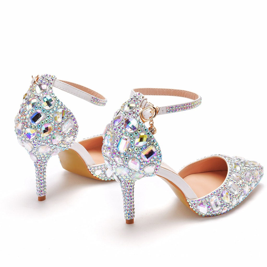 Zapatos de tacón de aguja con tira al tobillo y adornos de diamantes de imitación brillantes - Multicolor