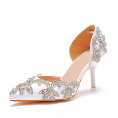 Sparkly Rhinestone Embellished Pointed Toe Stiletto Pumps - White