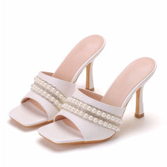 Sparkly Rhinestone Embellished Square Toe High Heel Mules - White