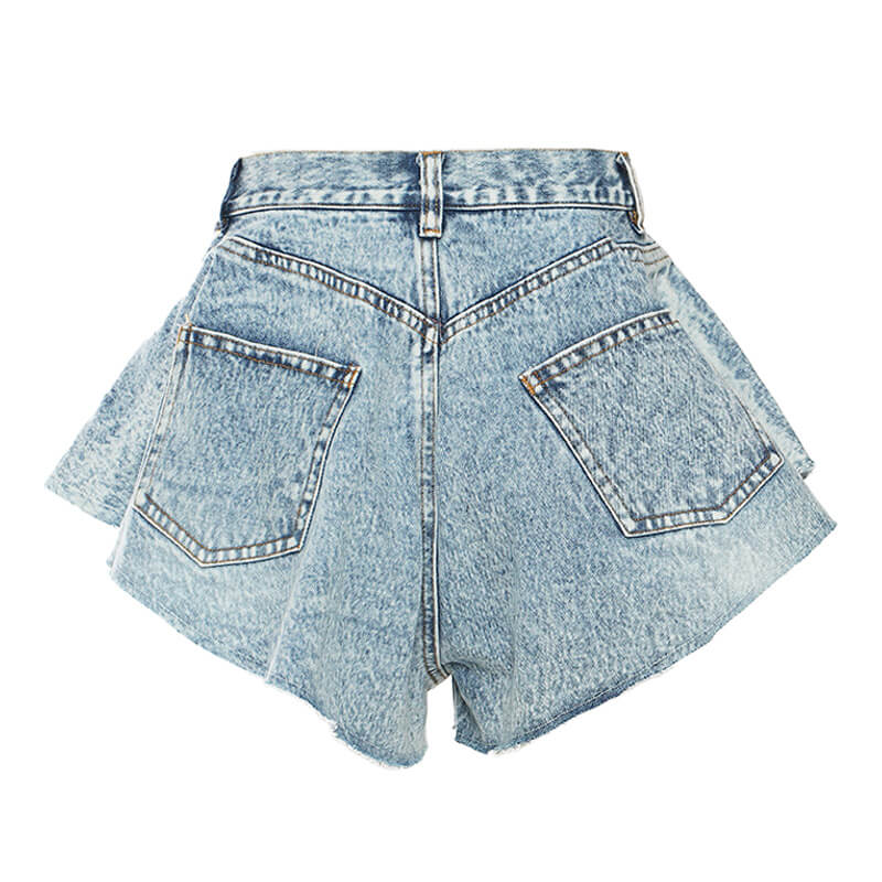 Glitzernde Jeansshorts mit Fransen und hoher Taille, Rüschen und weitem Bein