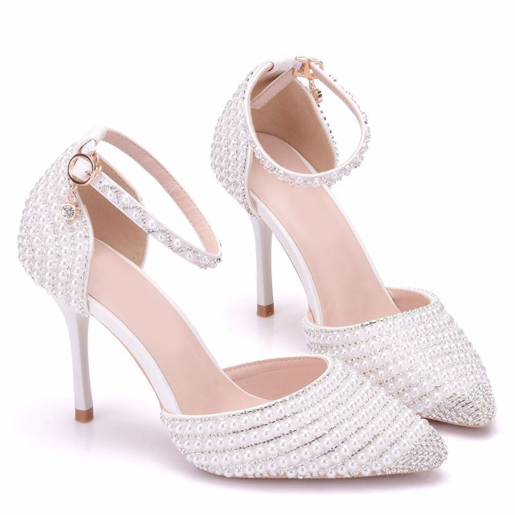 Sparkly Rhinestone Pearlized Ankle Strap Stiletto Pumps - Silver