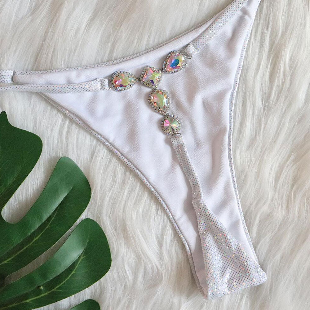 Sparkly Rhinestone Thong Slide Triangle Brazilian Two Piece Bikini Swimsuit