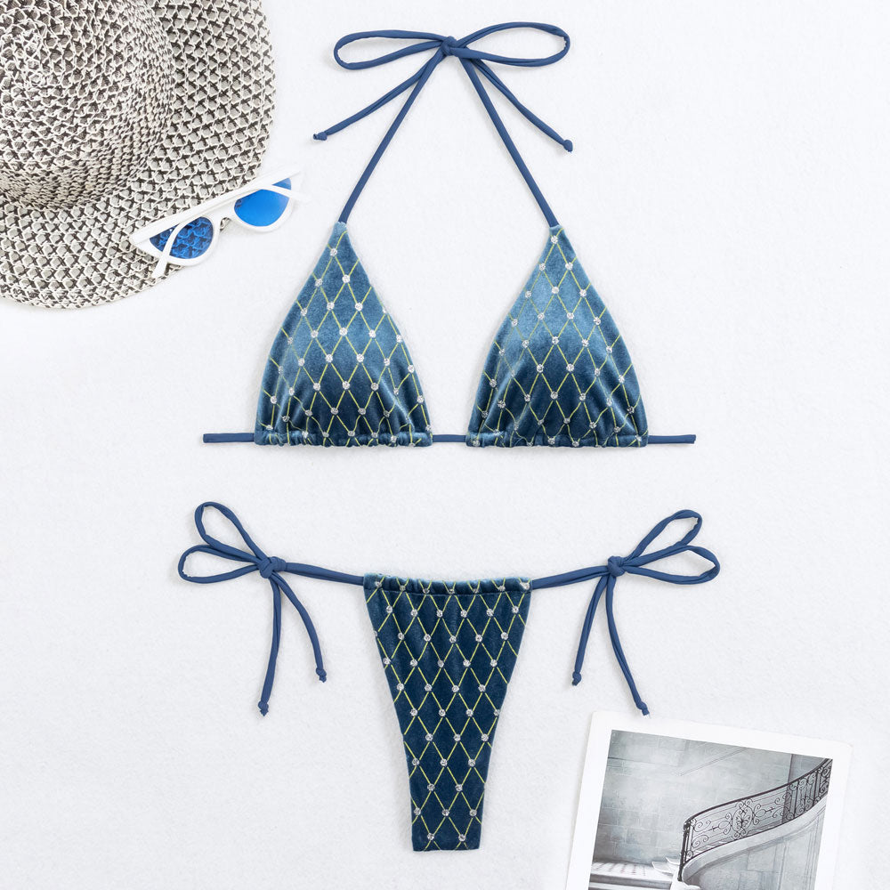 Sparkly Rhombus String Thong Triangle Velvet Brazilian Two Piece Bikini Swimsuit