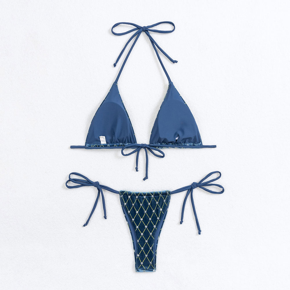 Sparkly Rhombus String Thong Triangle Velvet Brazilian Two Piece Bikini Swimsuit