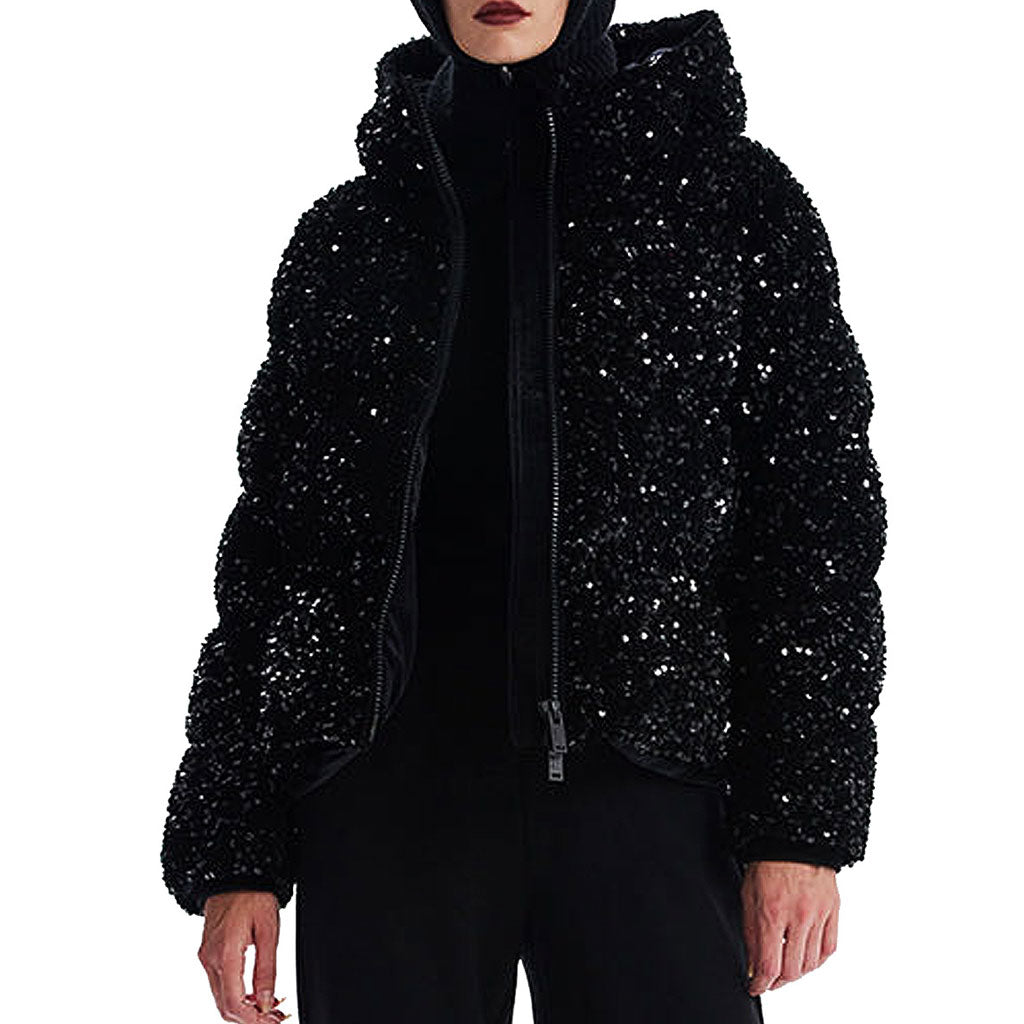 Chaqueta acolchada extragrande de terciopelo con capucha y cremallera adornada con lentejuelas brillantes