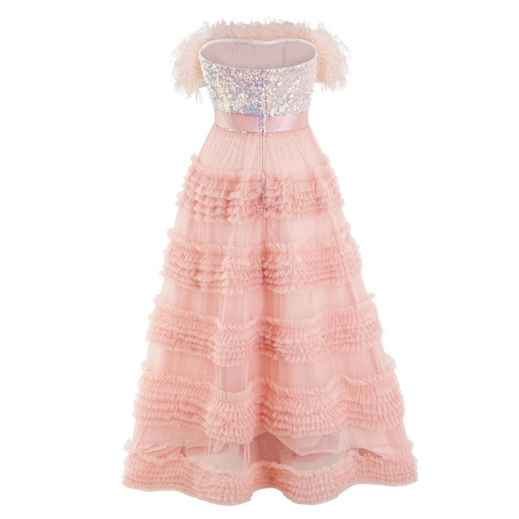 Sparkly Sequin Feather Trim Bandeau Ruffle Tiered Tulle Maxi Tube Gown Dress