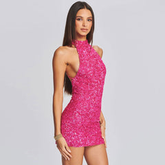 Sparkly Sequin Halter Neck Backless Bodycon Mini Dress - Hot Pink