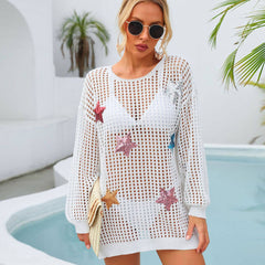 Sparkly Star Sequined Bishop Sleeve Crochet Brazilian Beach Mini Cover Up Dress