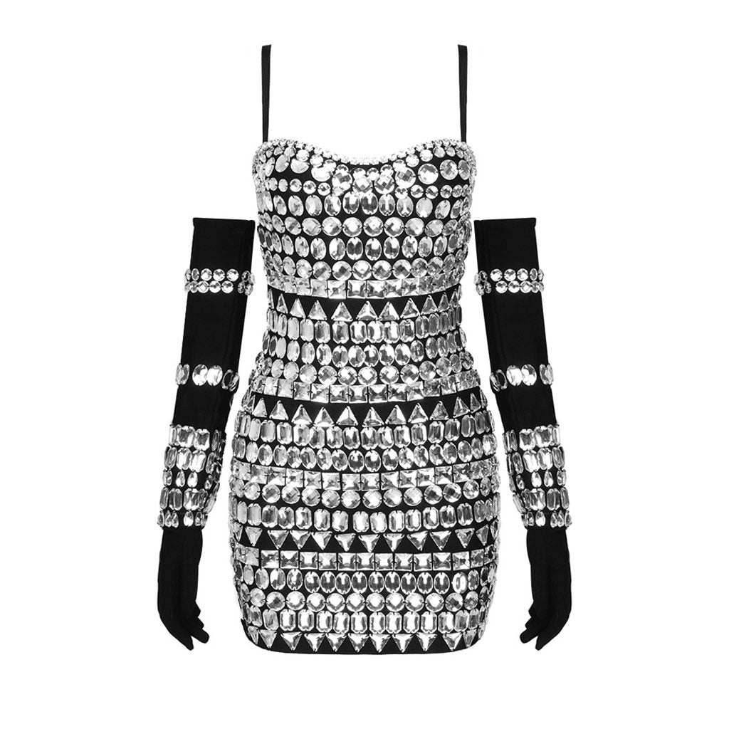 Sparkly Sweetheart Neck Rhinestone Embellished Glove Micro Mini Bandage Dress