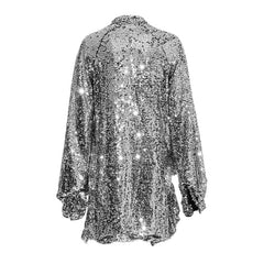 Sparkly Tie Neck High Neck Half Button Ruffle Split Side Longline Sequin Blouse