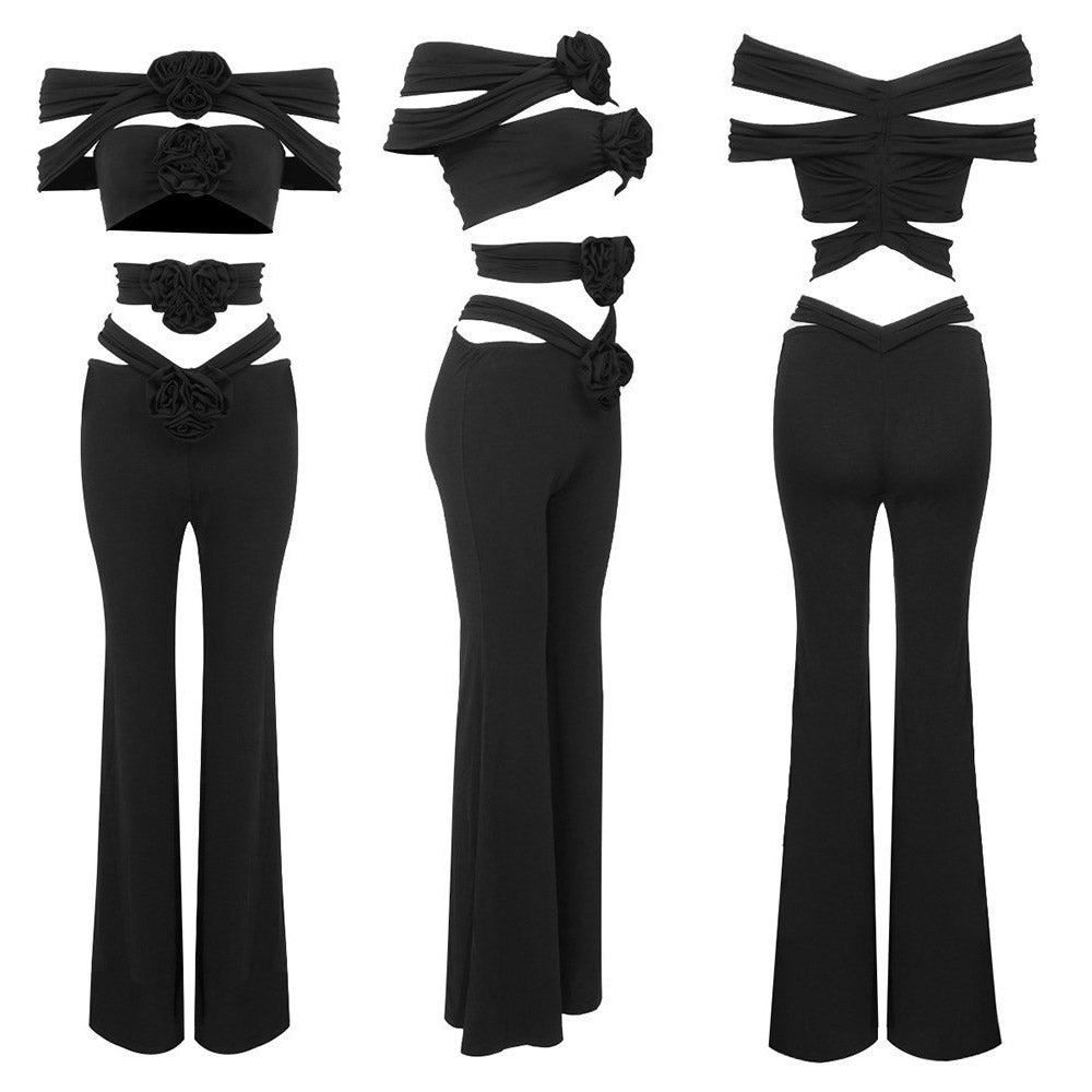 HANAE Schwarzes CUT-OUT-Top und Schlaghose mit Rosenschleifen-Set