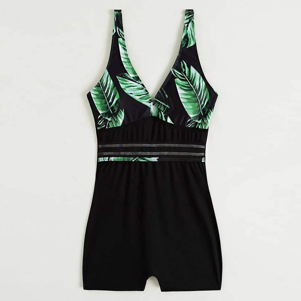 Sportive Boyleg Palm Print Mesh Trim Deep V Brazilian One Piece Swimsuit