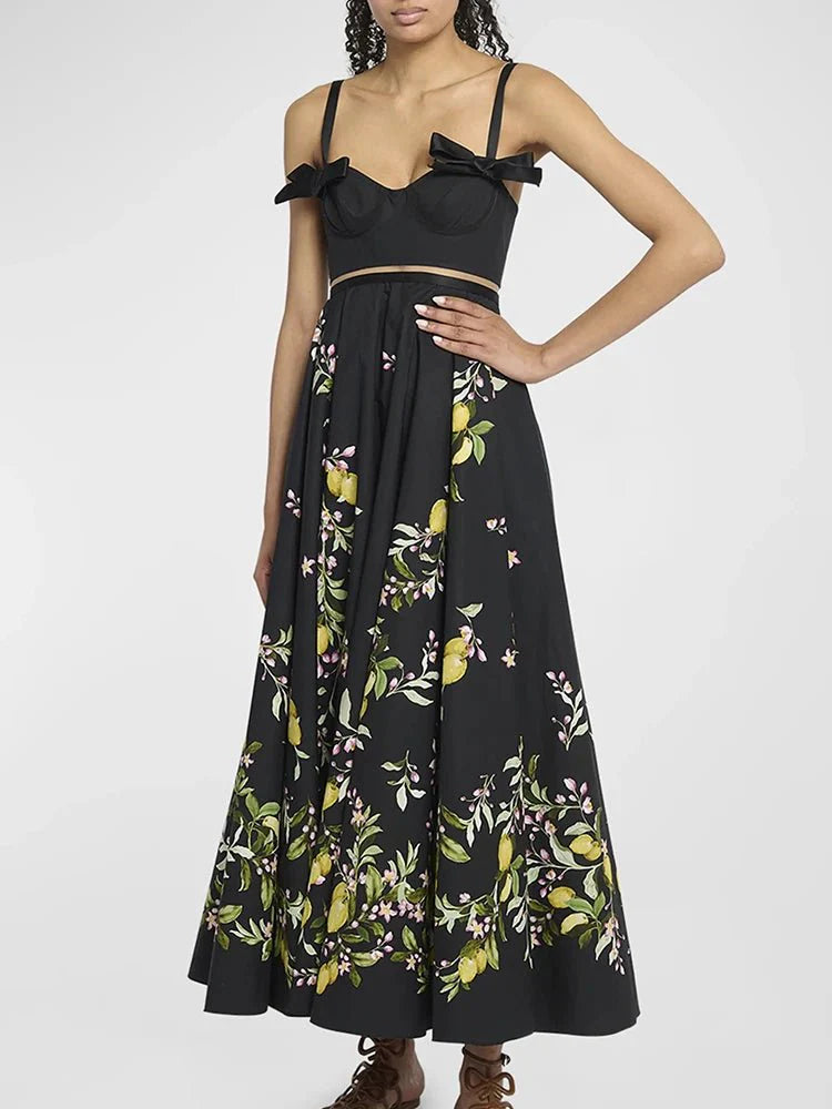 Square Collar Sleeveless Top & Floral Long Skirt Set