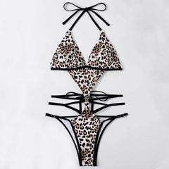 Strappy Animal Print Deep V Halter Brazilian One Piece Swimsuit