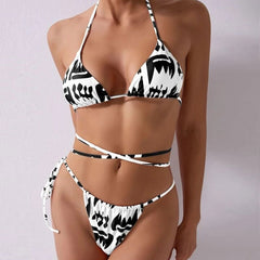 Strappy Contrast Print Wrap Slide Triangle Brazilian Two Piece Bikini Swimsuit