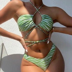 Strappy Zebra Print High Cut Halter Wrap Brazilian Two Piece Bikini Swimsuit