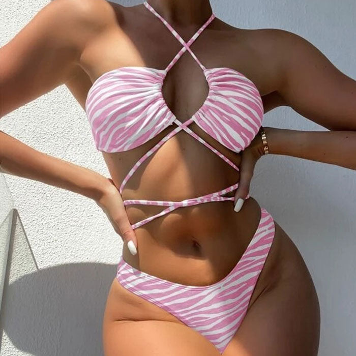 Strappy Zebra Print High Cut Halter Wrap Brazilian Two Piece Bikini Swimsuit