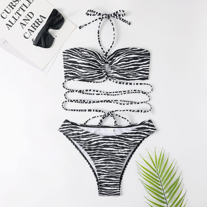 Strappy Zebra Print High Cut Halter Wrap Brazilian Two Piece Bikini Swimsuit