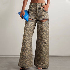 Street Leopard Crystal Embellished Cutout High Waist Straight Leg Denim Jeans