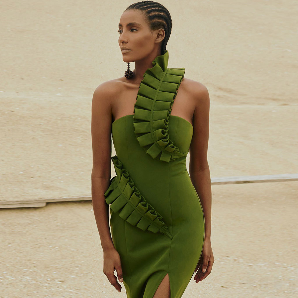 Vestido midi de vendaje con abertura en un hombro y detalle de volante llamativo - Verde