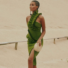 Vestido midi de vendaje con abertura en un hombro y detalle de volante llamativo - Verde