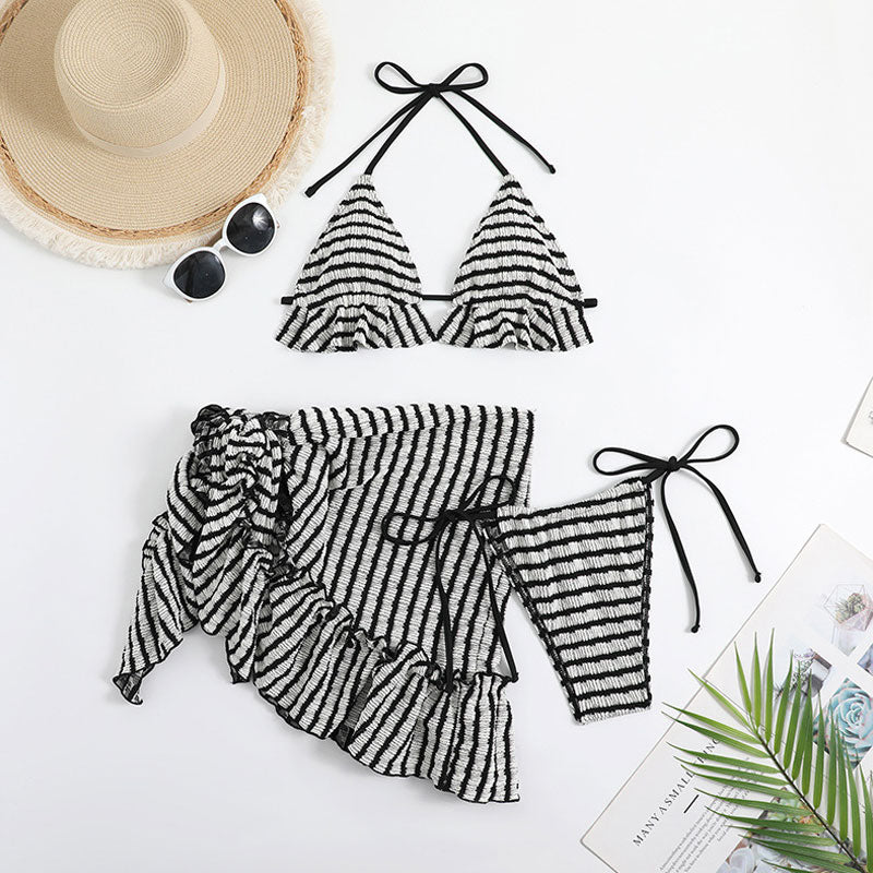 Striped Textured Tie String Ruffle Slide Triangle Halter Brazilian Three Piece Bikini Swimsuit