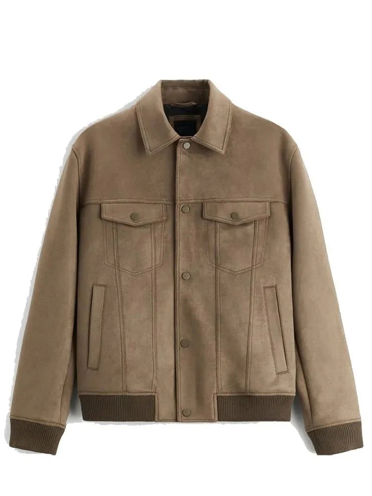 Elegante y versátil: chaqueta de ante sintético de corte entallado para hombre para las temporadas de primavera y otoño.