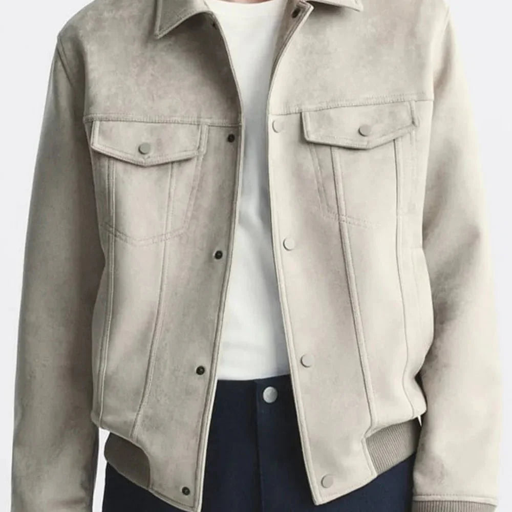 Elegante y versátil: chaqueta de ante sintético de corte entallado para hombre para las temporadas de primavera y otoño.