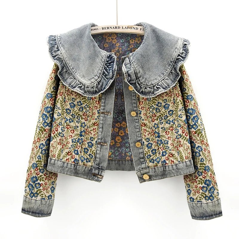 Elegante chaqueta vaquera otoñal con bordado jacquard y cuello Peter Pan para mujer 