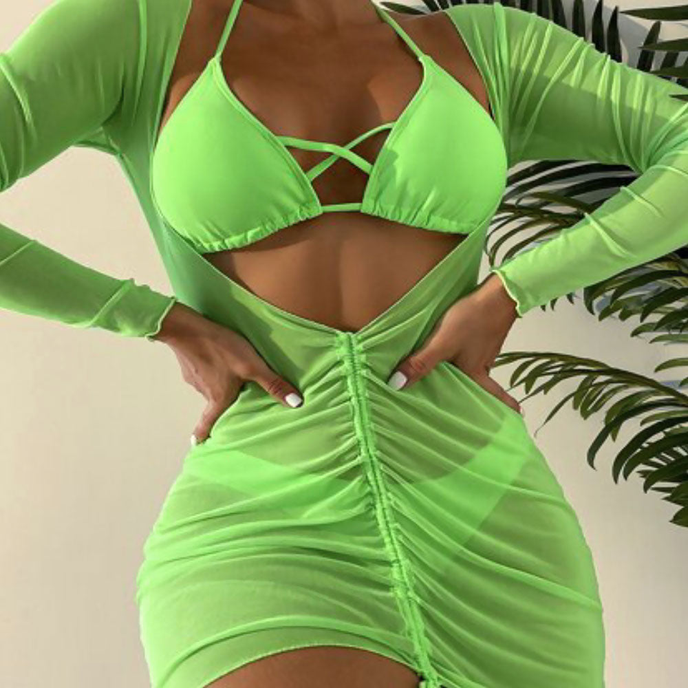 Stylish Cover Up Crossed Trim Slide Triangle Brazilian Three Piece Bikini Swimsuit