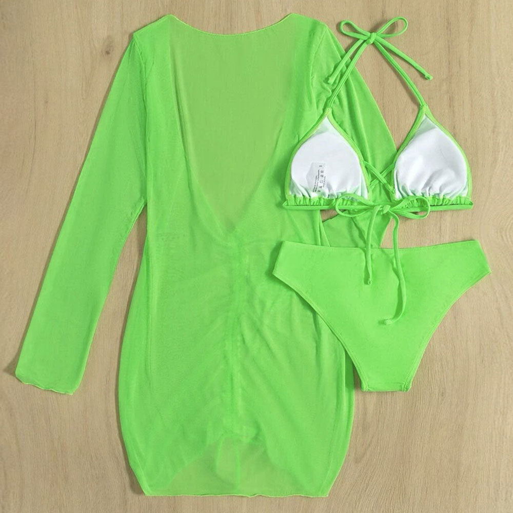 Stylish Cover Up Crossed Trim Slide Triangle Brazilian Three Piece Bikini Swimsuit