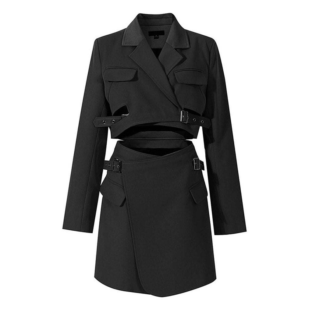 Stylish Lapel Collar Wrapped Strappy Belted Cut Out Mini BlazerDress