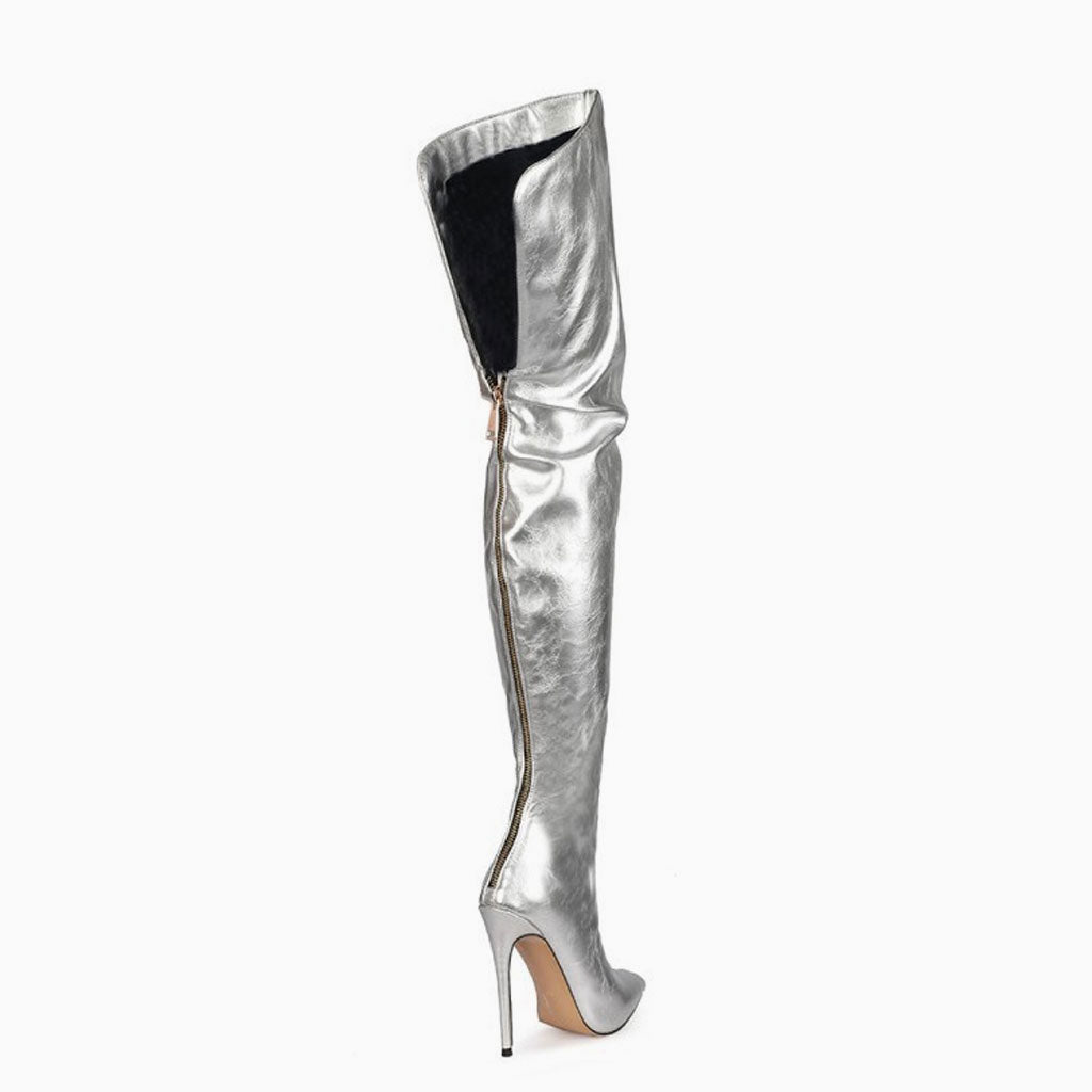 Stilvolle Overknee-Stiefel aus Kunstleder mit spitzer Spitze - Silber