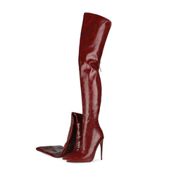 Stylish Pointed Toe Faux Leather Over Knee Stiletto Boots - Burgundy