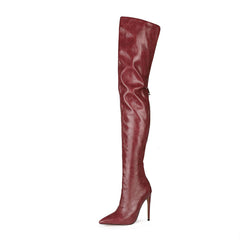 Stylish Pointed Toe Faux Leather Over Knee Stiletto Boots - Burgundy