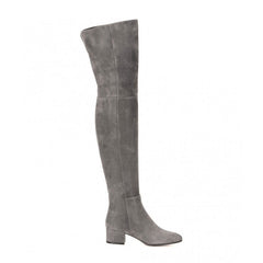 Botas de ante por encima de la rodilla con tacón bajo, punta redonda y estilo elegante - Gris