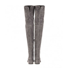 Stylish Round Toe Low Block Heeled Suede Over Knee Boots - Grey