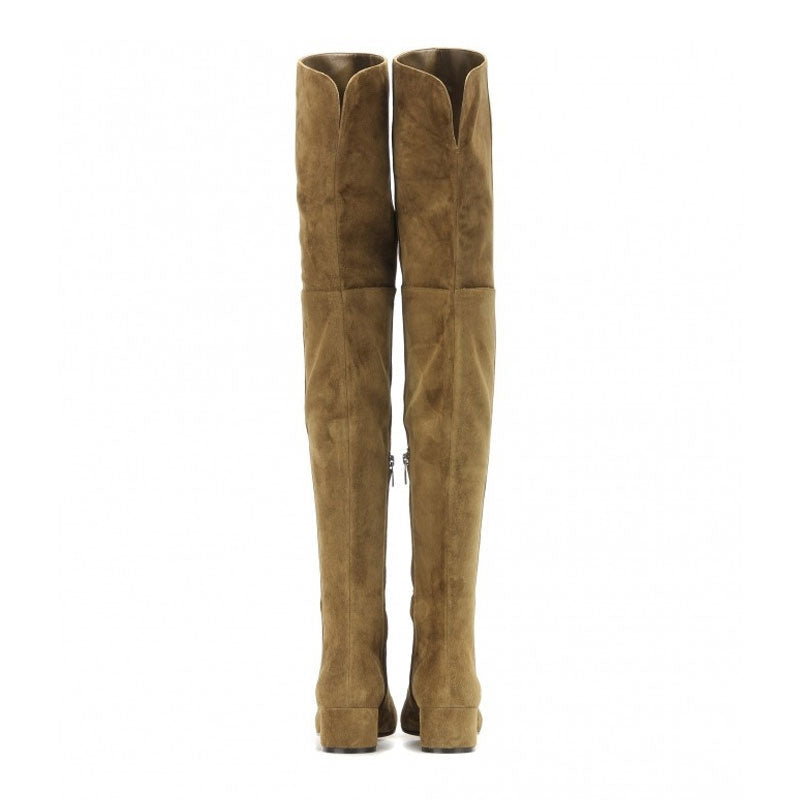 Stilvolle Overknee-Stiefel aus Wildleder mit runder Zehenpartie und niedrigem Blockabsatz - Khaki