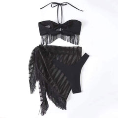 Sultry Mesh Tassel High Cut Halter Brazilian Three Piece Bikini Swimsuit