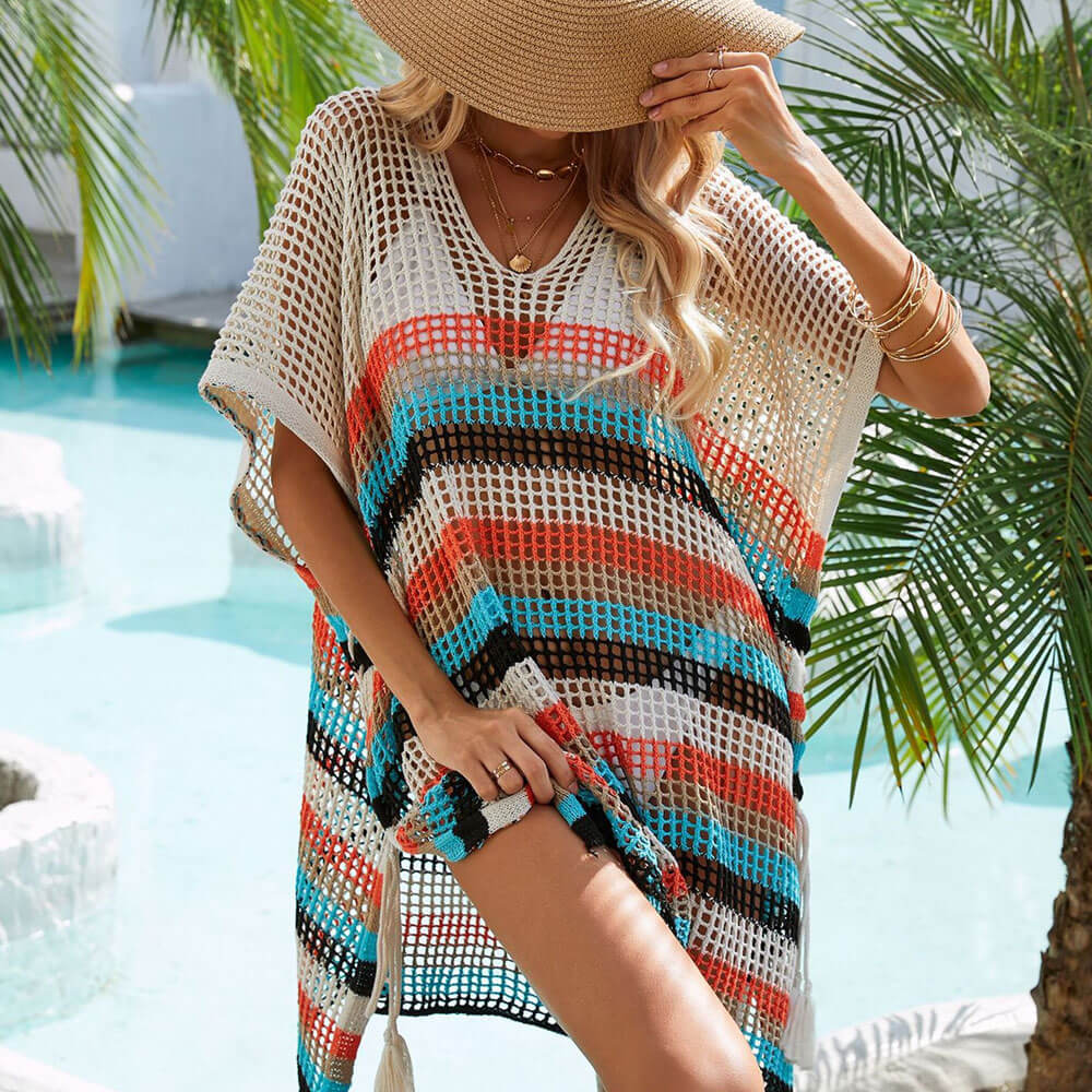 Summer Rainbow Striped Oversized Crochet Brazilian Beach Tunic Cover Up