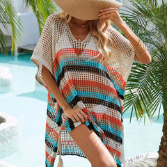 Summer Rainbow Striped Oversized Crochet Brazilian Beach Tunic Cover Up