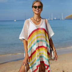 Summer Rainbow Striped Oversized Crochet Brazilian Beach Tunic Cover Up