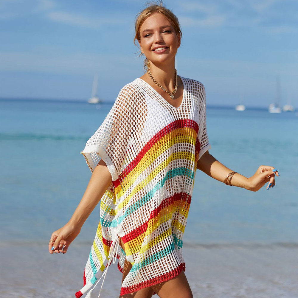 Túnica playera brasileña de crochet extragrande con rayas arcoíris de verano