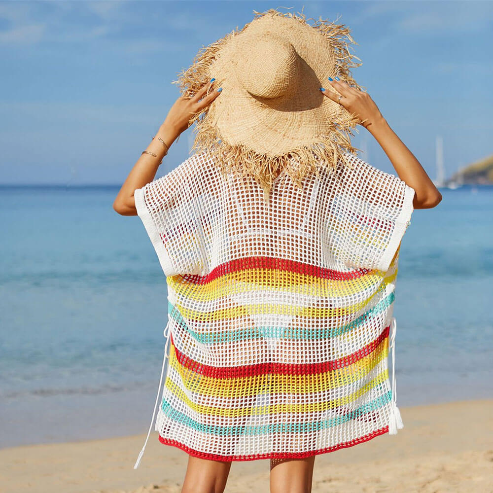 Sommer Regenbogen gestreift Übergroße gehäkelte brasilianische Strandtunika